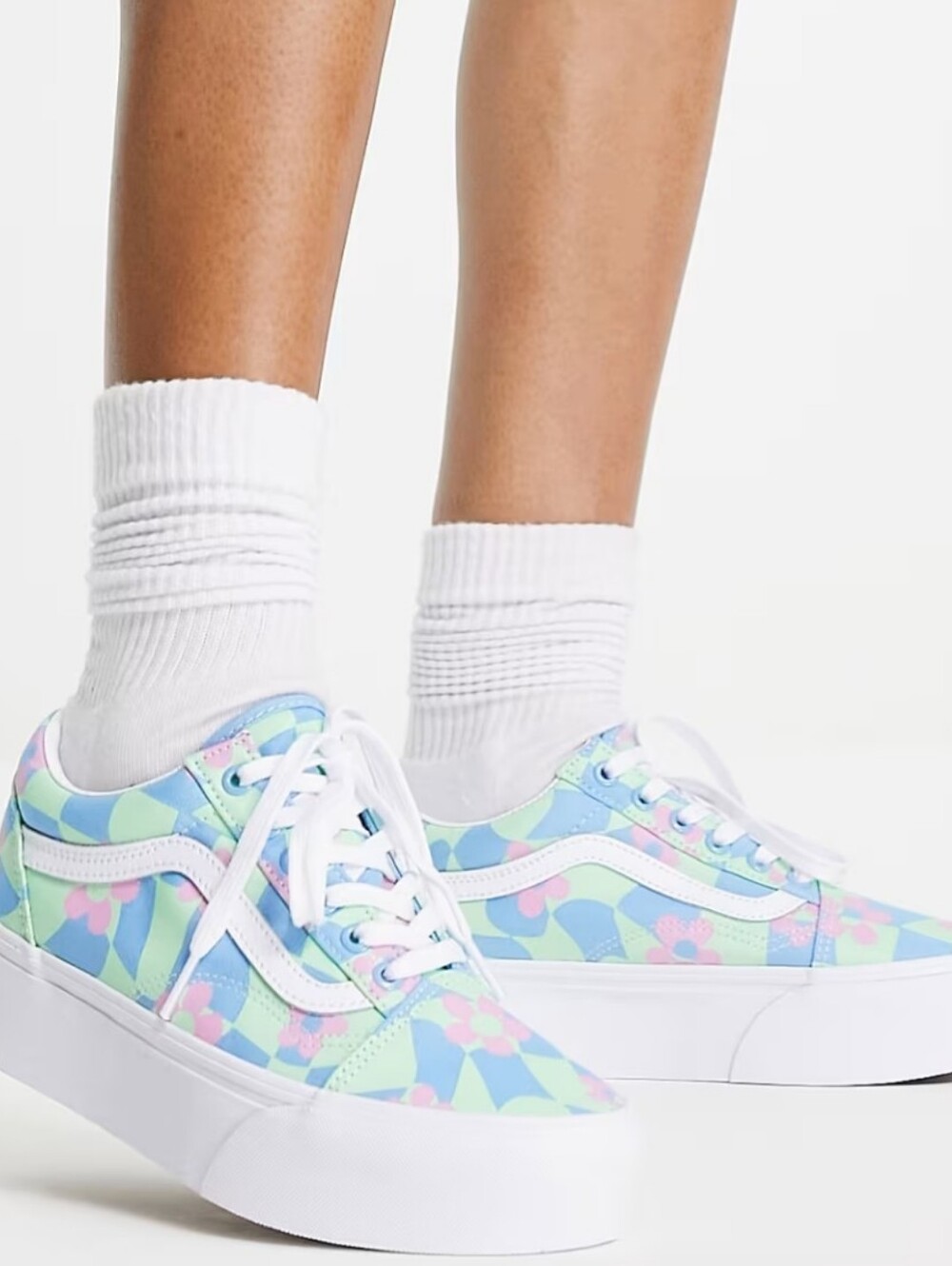 Vans Old Skool Stacked Checkered Floral Blue Platform Sneakers Size 8 MSRP $84.9